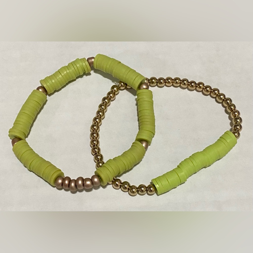 Green Gold Clay Heishi Beaded Bracelets Boho Y2K Eclectic Summer Beach Preppy - Picture 2 of 7